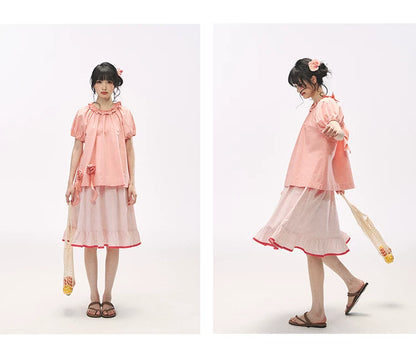 "Pink Grapefruit Bloom" Grapefruit Red Rose Puff Sleeve Blouse