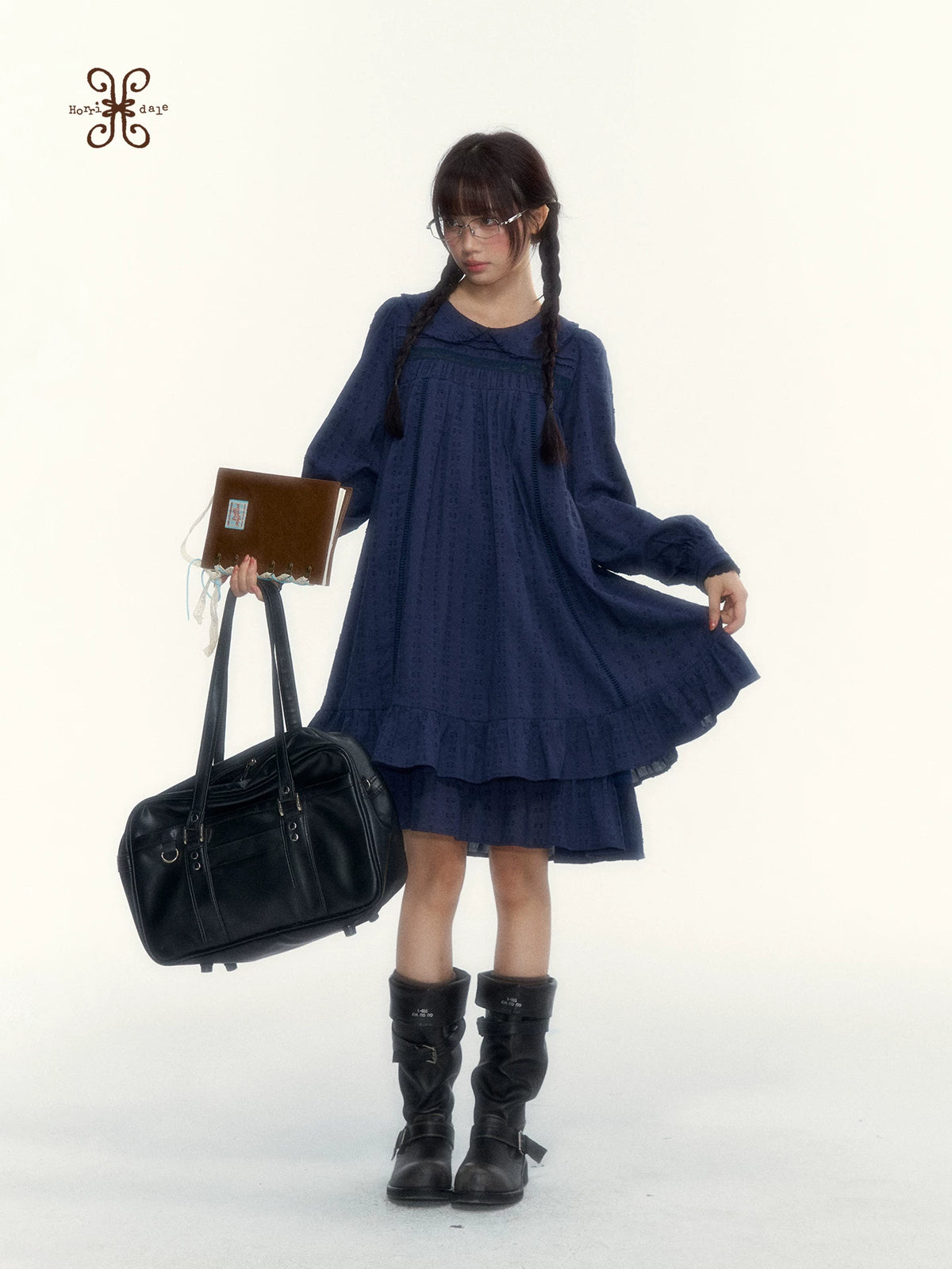 “Vintage Ribbon” Navy Peter Pan Collar Lace-Trimmed A-Line Dress