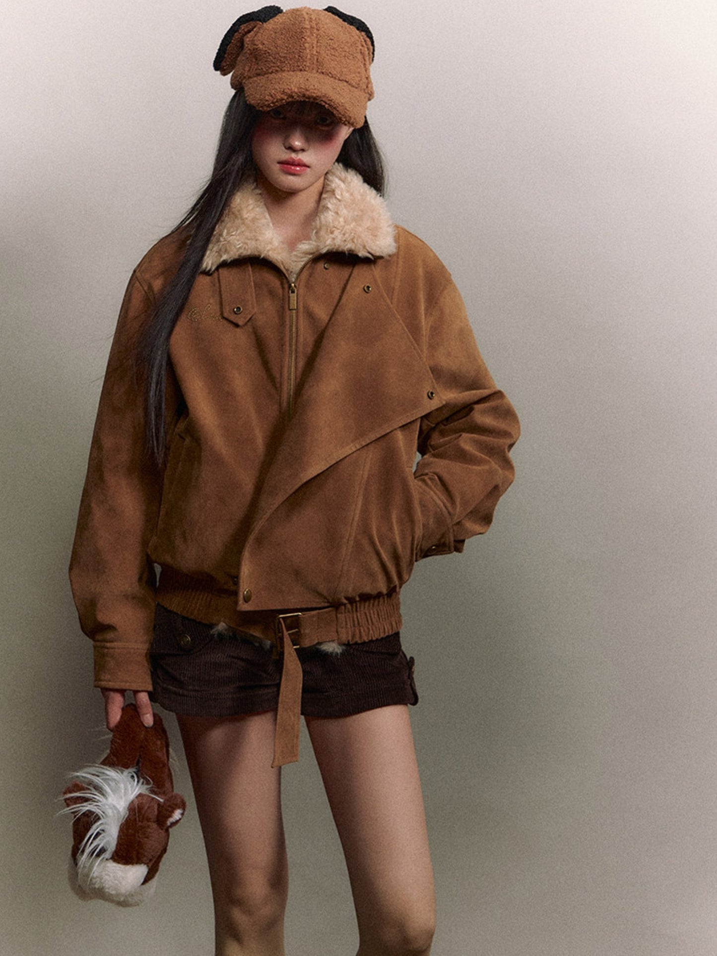 Soote Season - “Melard Mood” Retro Faux Suede Shearling-Trim Biker Jacket - Almond Brown
