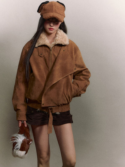 Soote Season - “Melard Mood” Retro Faux Suede Shearling-Trim Biker Jacket - Almond Brown