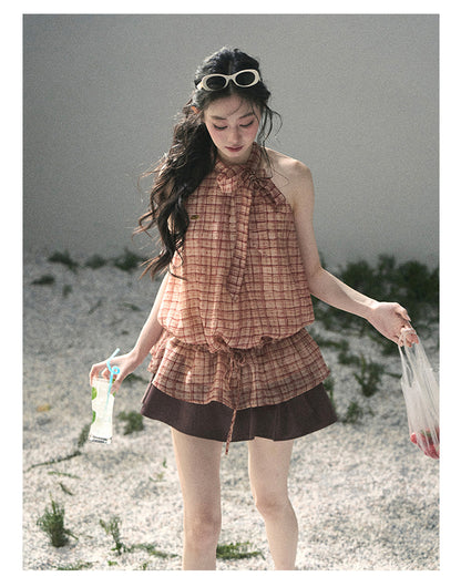 “Maple Whisper” Rust Red Halter Plaid Slim Tee