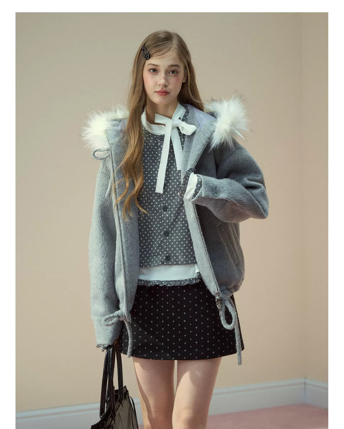 SunsetPark - "Warm Winter Days" Faux Fur Collar Wool-Blend Top Coat (Gray / Pink)