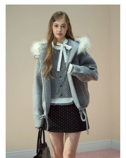 SunsetPark - "Warm Winter Days" Faux Fur Collar Wool-Blend Top Coat (Gray / Pink)