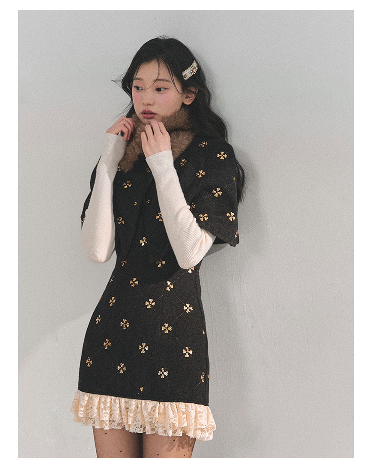 少也眼 “Snowy Night Waltz” French-Style Wool Dress with Detachable Fur Cape