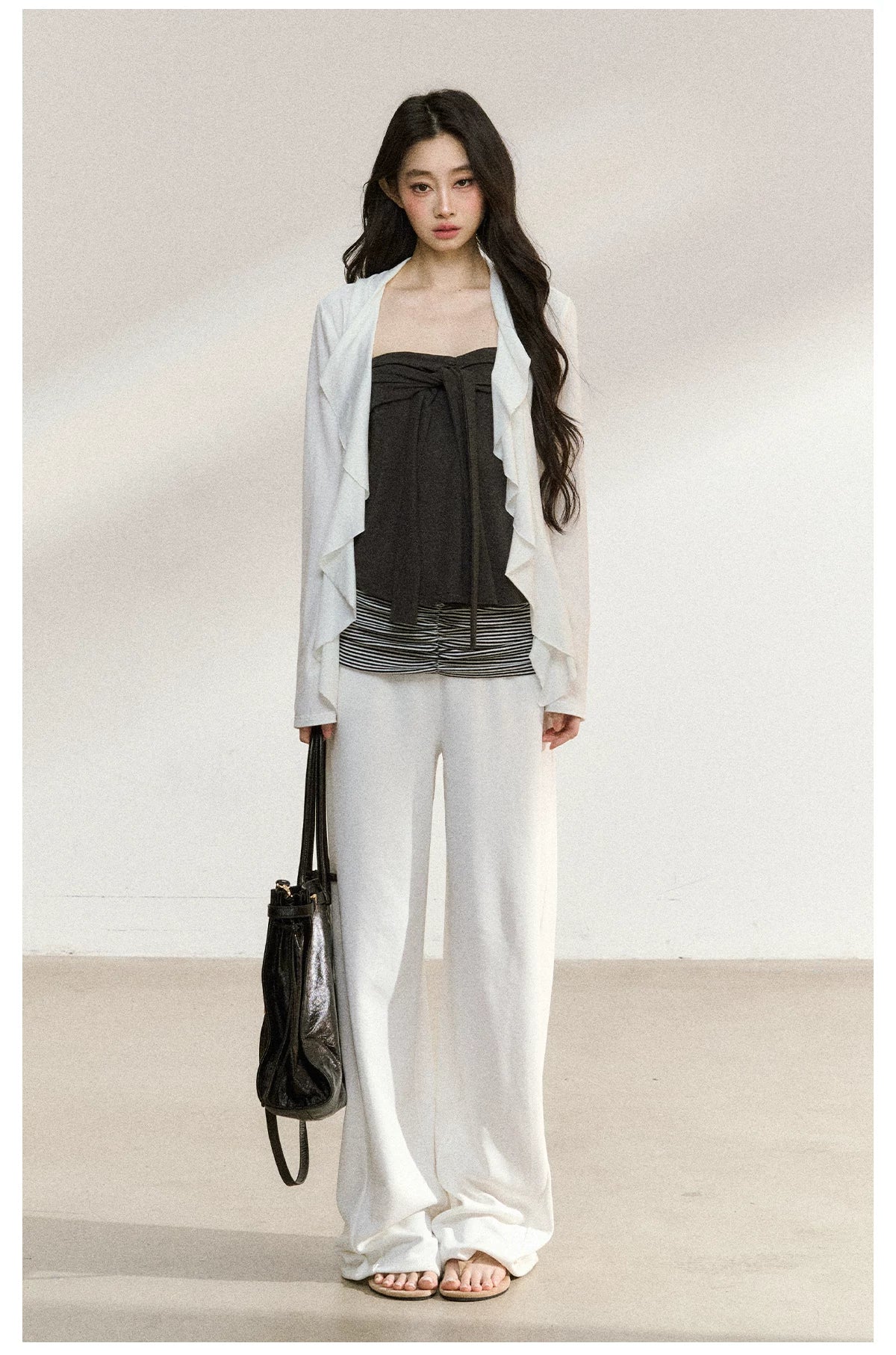 JN's DESIGN - White Wide-Leg Pants with Contrast Striped Waistband