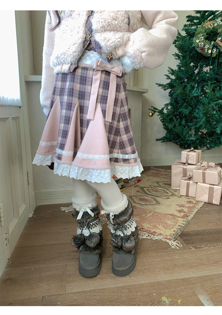 阮阮自制 - Love String Pink Plaid Wool Jacket & Mini Skirt Set