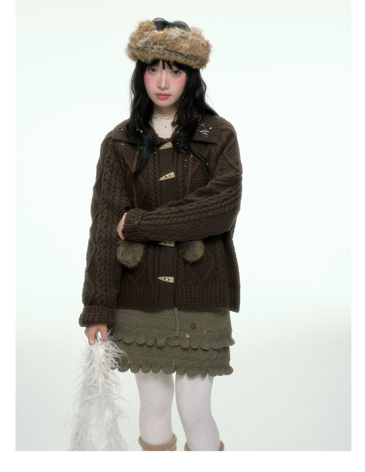 BIBIBENCY - Brown Cable-Knit Cardigan with Toggle Closures