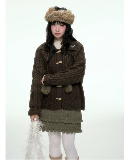 BIBIBENCY - Brown Cable-Knit Cardigan with Toggle Closures