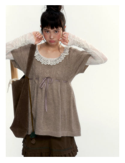 “Cloud Pleats” Chestnut Mist U-Neck Bow-Tie Puff Sleeve Knit Sweater