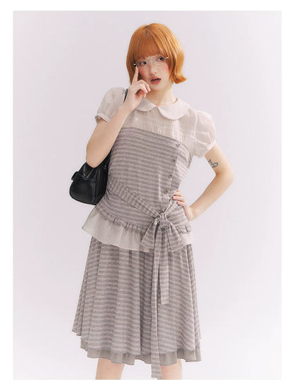 “Old Keepsake Letters” Frost Gray Doll Collar Lace Two-Piece Set