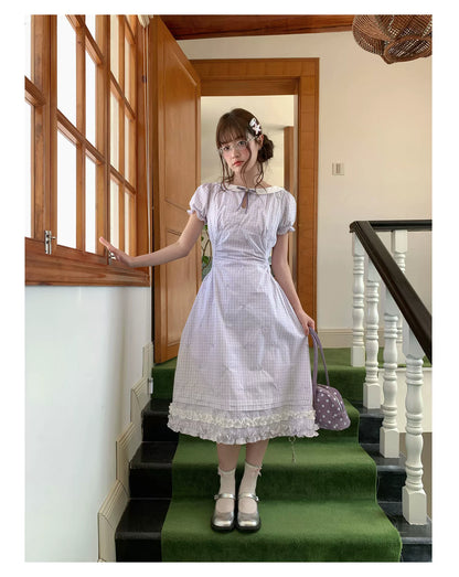 [RF] “Taro Milk Pudding” Purple Plaid Ruffle Midi Dress