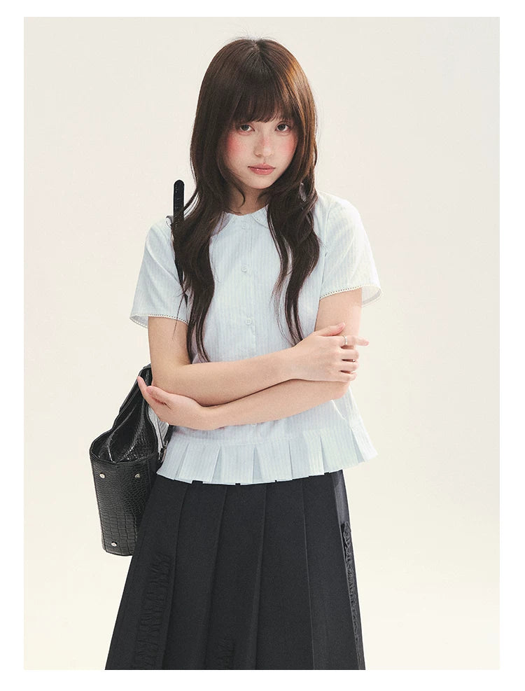 "Citrus Sea Salt" Stripe Lace Peter Pan Collar Pleated Shirt (White Blue / Blue White)