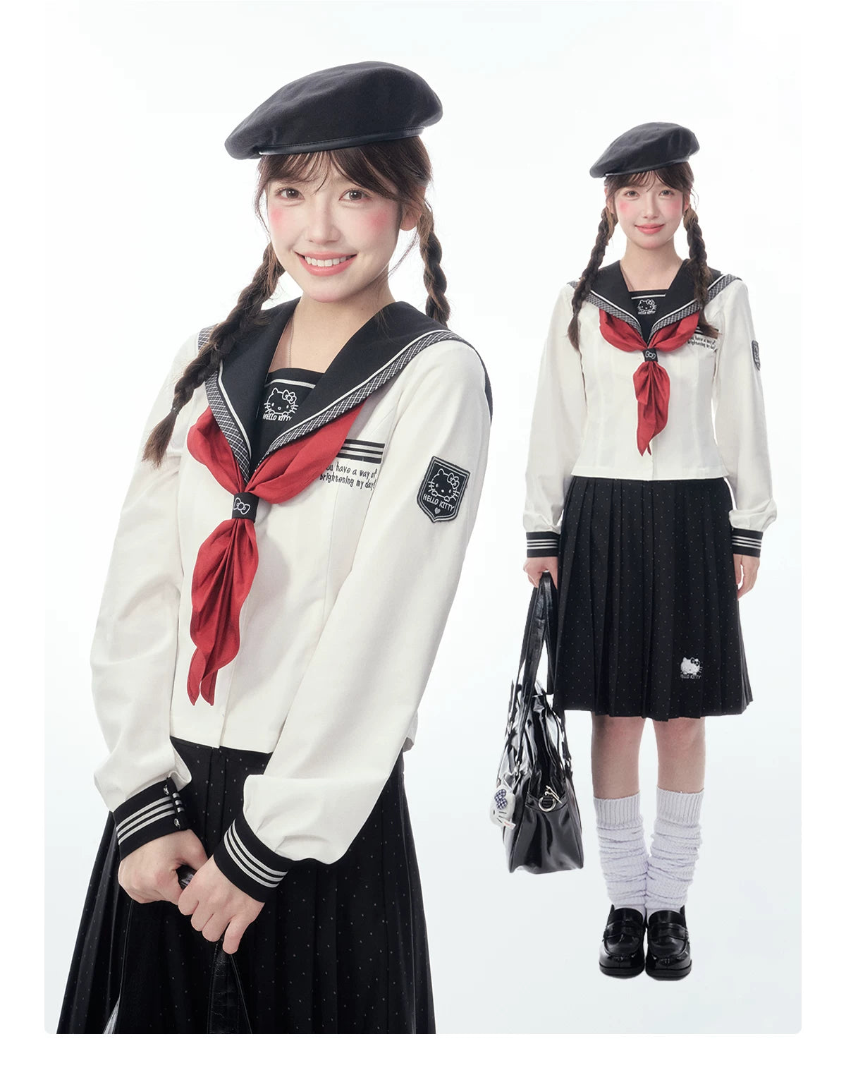 Slim-Fit Preppy Style Set - Sailor Collar Shirt / Front Box-Pleat Skirt / Polka Dot Skirt