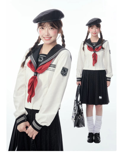 Slim-Fit Preppy Style Set - Sailor Collar Shirt / Front Box-Pleat Skirt / Polka Dot Skirt
