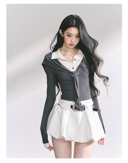 少也眼 "London Art Student" Layered Polo Long Sleeve Crop Tee