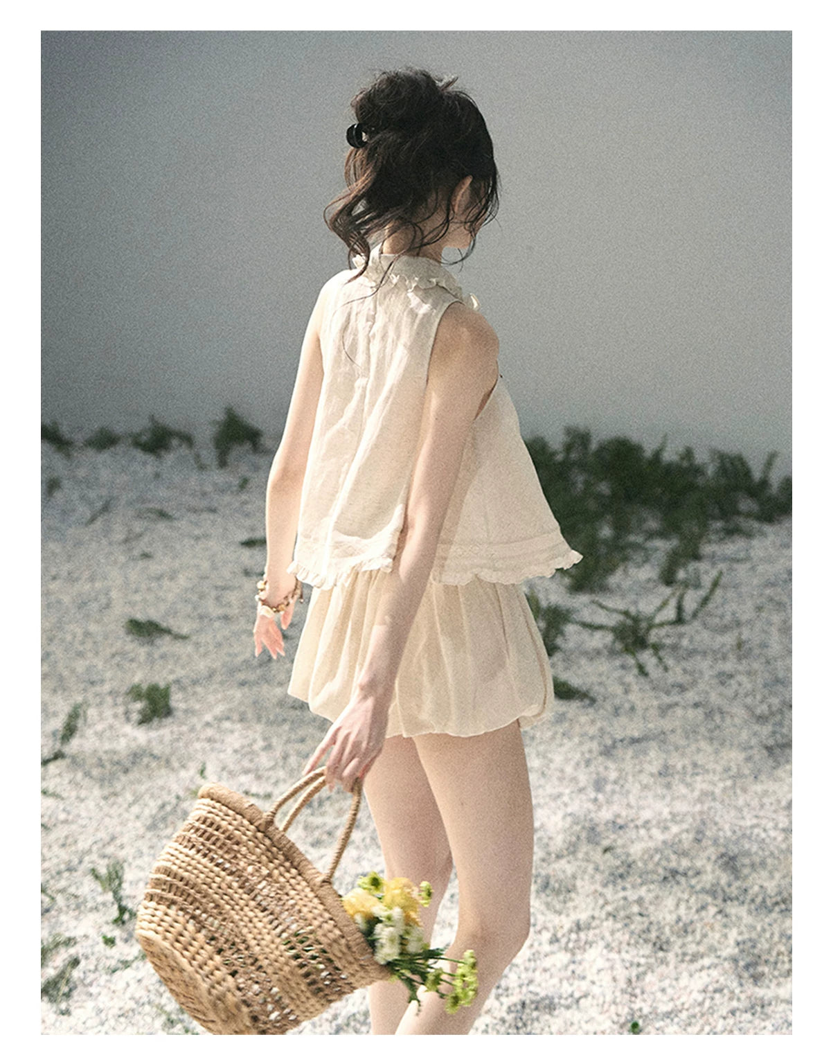 "Soft Cloud Reverie" Dutch Cream Lace Top & Bubble Skirt & Wide-Leg Pants Set 5468465