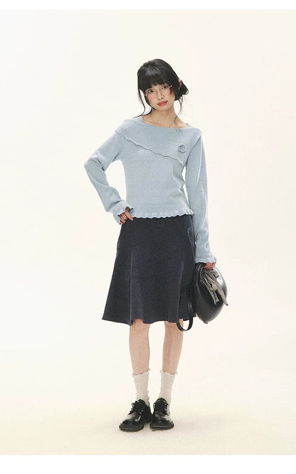 "Sea Salt Bloom" Sea Salt Blue Off-Shoulder Ruffle Knit Sweater