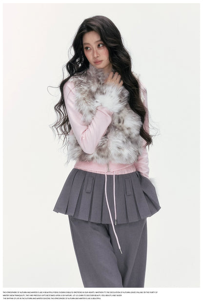24olvides - Colorblock Faux Fur Jacket with Knit Sleeves