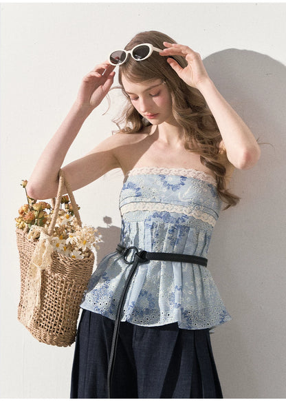 "Weekend Market" Blue Porcelain Peplum Tube Top