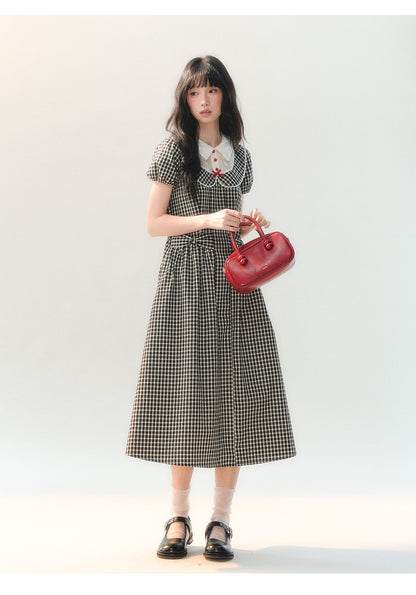 [CAN] "Black Cherry Check" Black Bow Doll Collar Dress