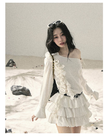 "Petals of Early Summer" Mist White Ruffle One-Shoulder Cake Dress (With Belt) 58648