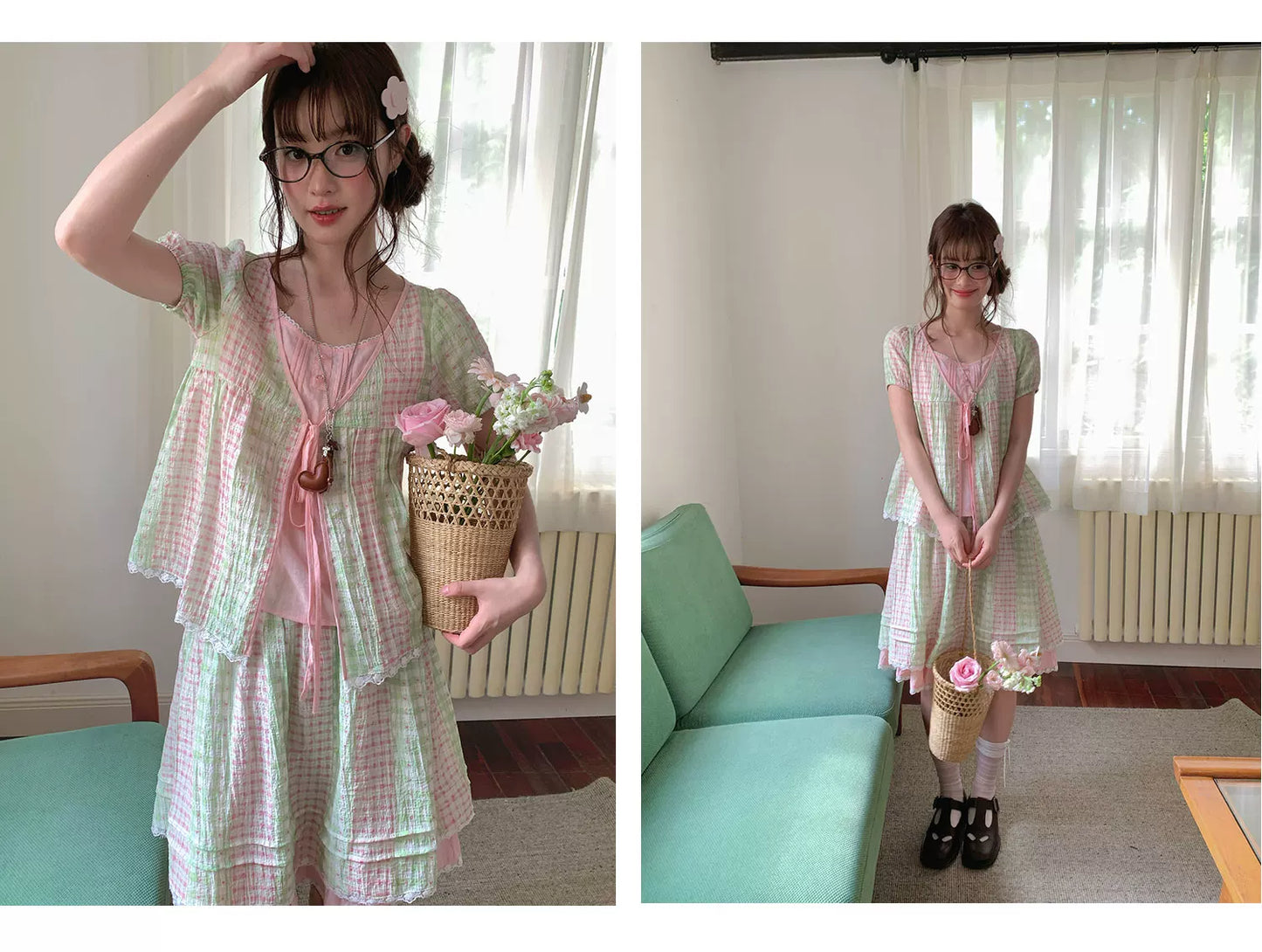 [RF] “Green Grape Picnic” Pastel Plaid Two-Piece Skirt Set