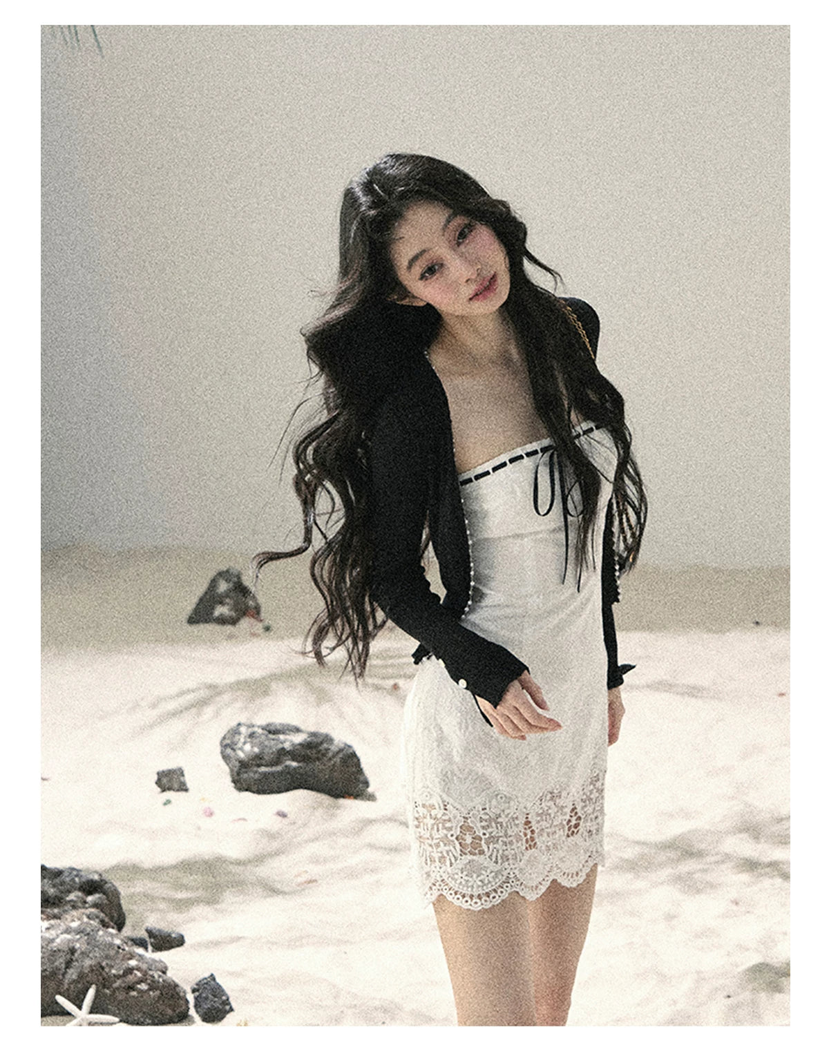 "Moonwoven Reverie" Cloud White Lace Bodycon Mini Dress & Serenity Black Cardigan 5132