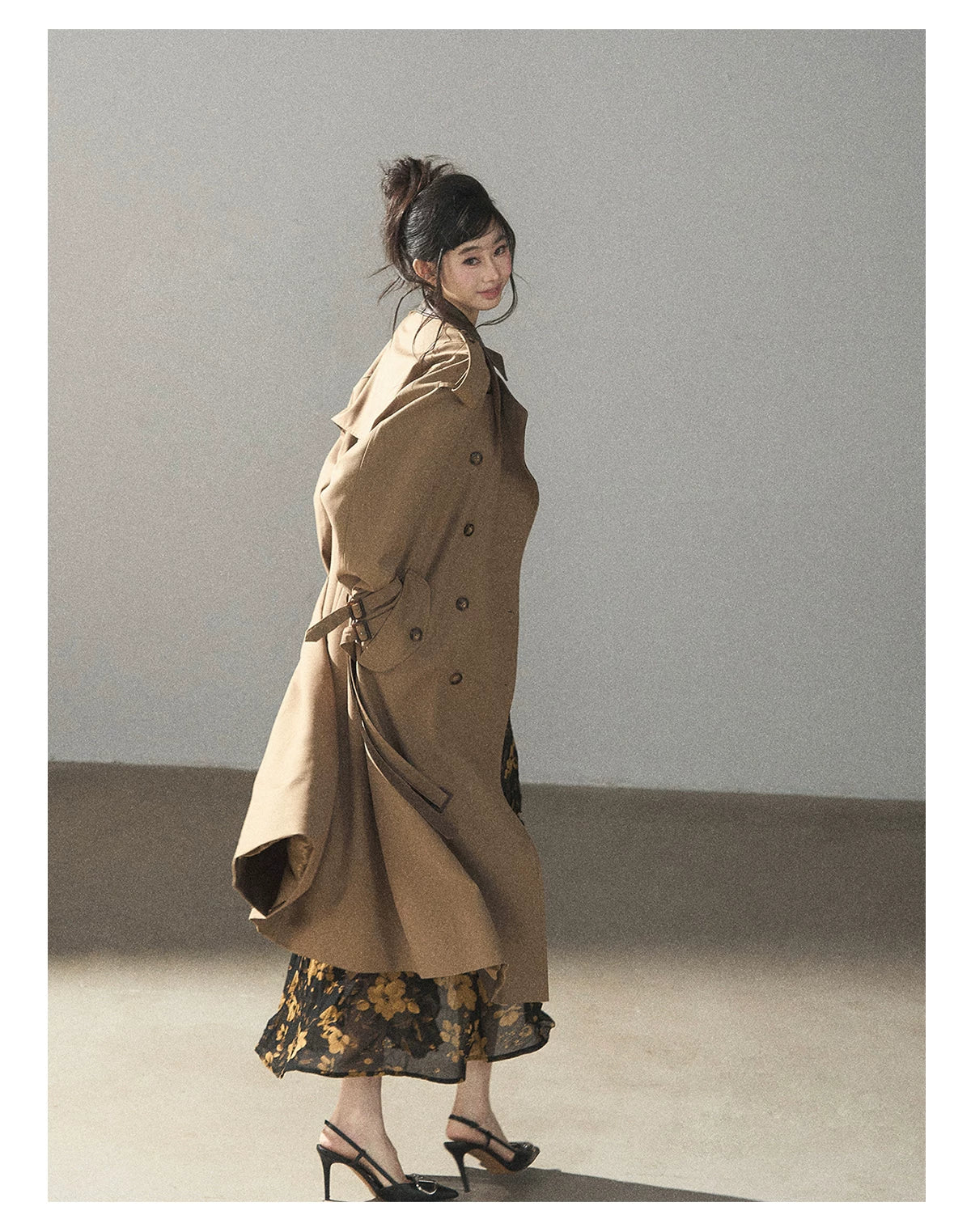 AOMALM - Black & Golden Brown Floral Ruffle Maxi Dress with High Side Slit