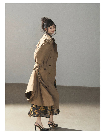 AOMALM - Black & Golden Brown Floral Ruffle Maxi Dress with High Side Slit