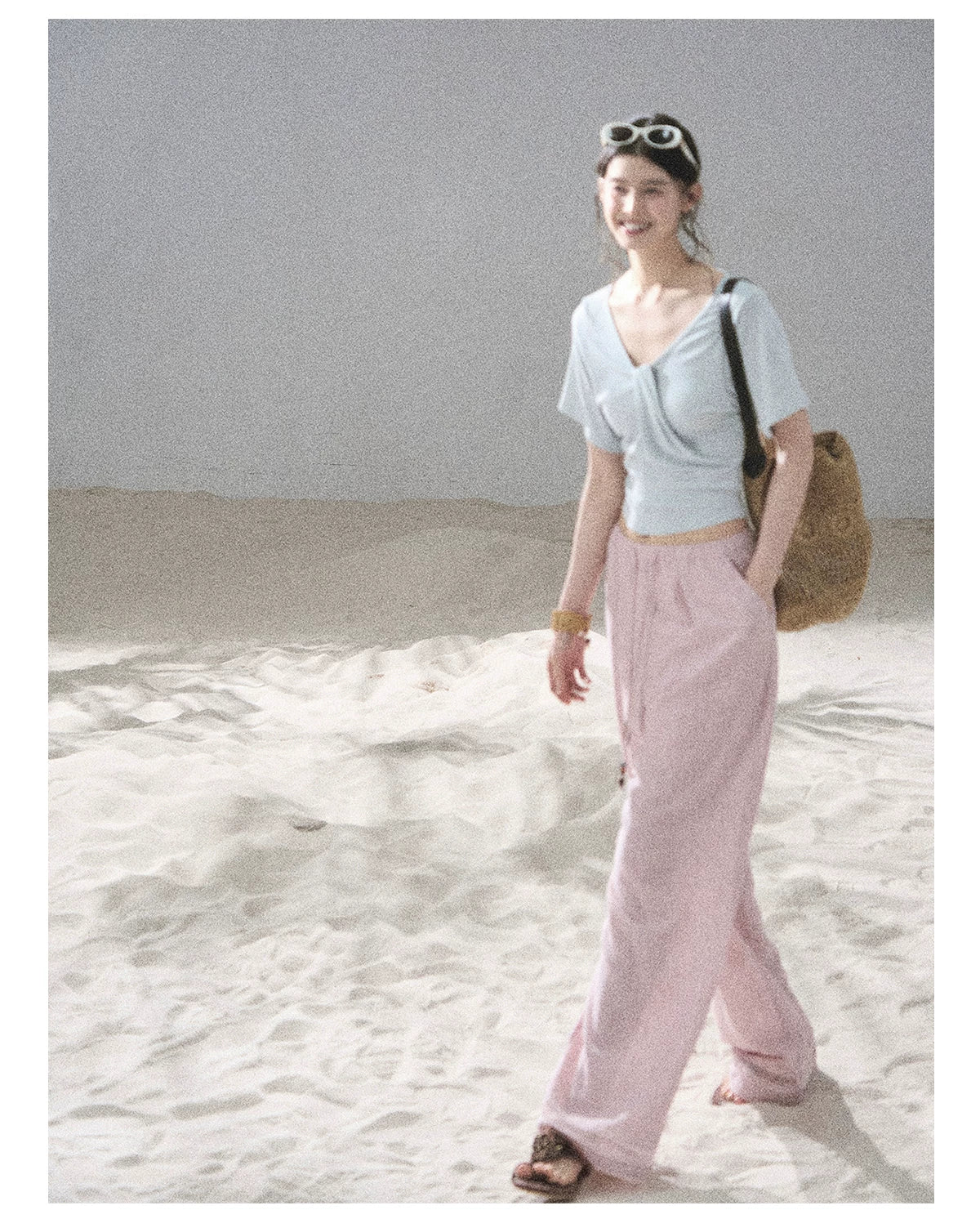 "Moonlight on Water" Twist-Front Cropped T-Shirt (Silver Mink Gray/ Mist Blue)