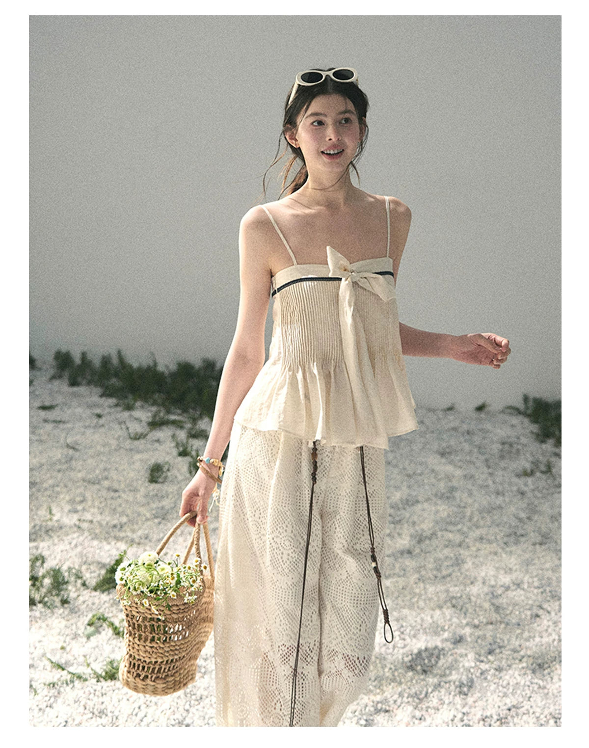 “Breeze Over Pleats” Cream Ribbon Camisole Top