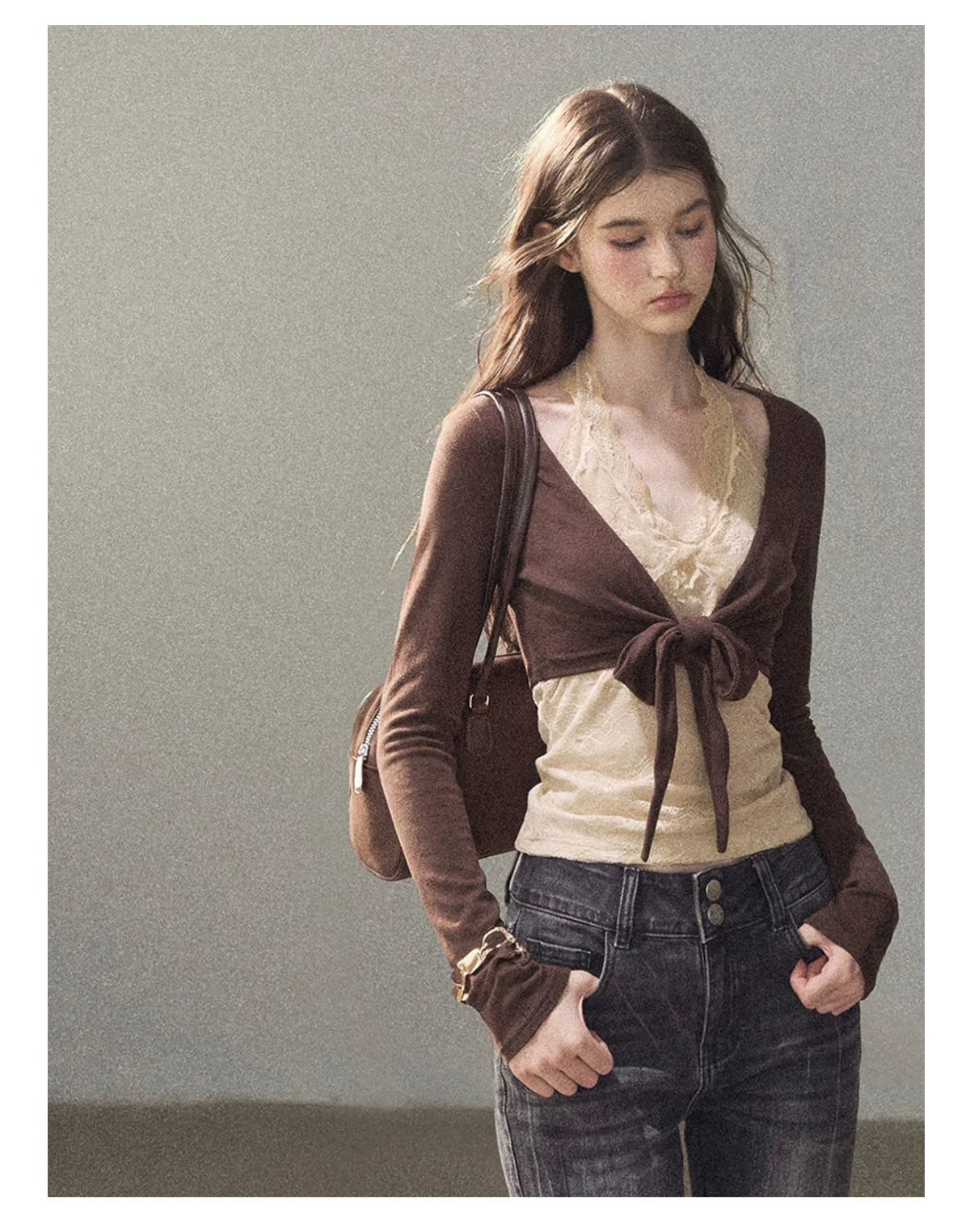 AOMALM - "Tender in This Moment" Rich Cocoa Faux Two-Piece Lace Top
