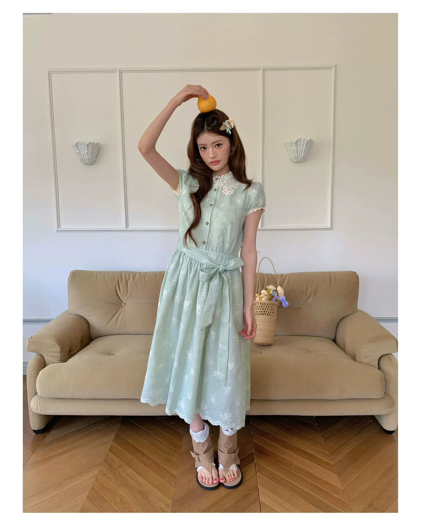“Sage Meadow Reverie” Sage Green Embroidered Shirt Dress
