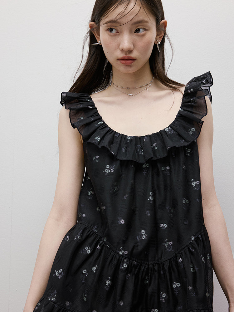 FUSSED Dropping Flora Burnout Floral Babydoll Dress – Dark Blue Short Version FOF-25SS036b