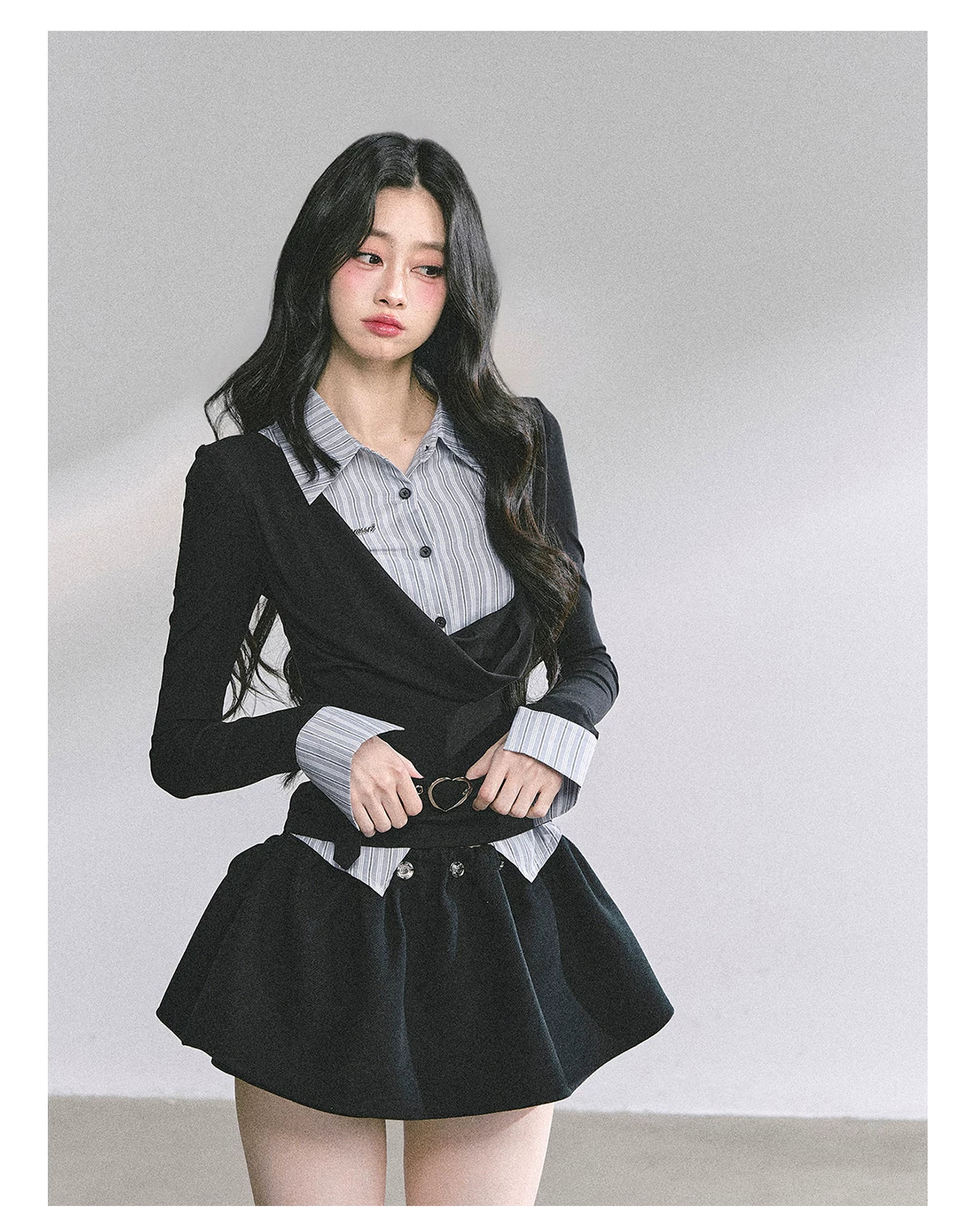AOMALM - "Top of the Class" Navy & Black-Gray Striped Layered Long Sleeve Top (Navy / Black-Gray)