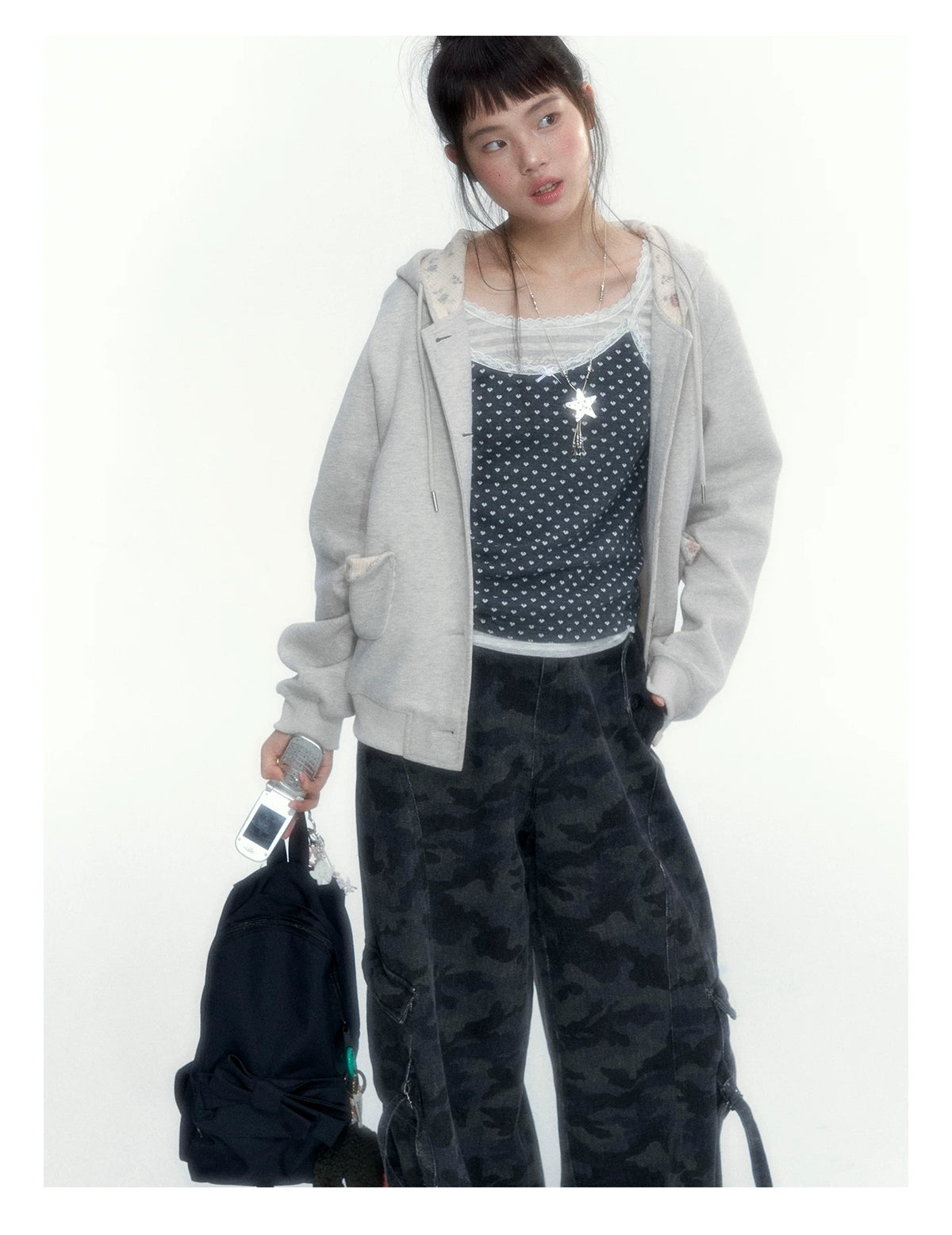“Heart Dot” Charcoal Polka Dot Lace Trim Fitted Knit Cami