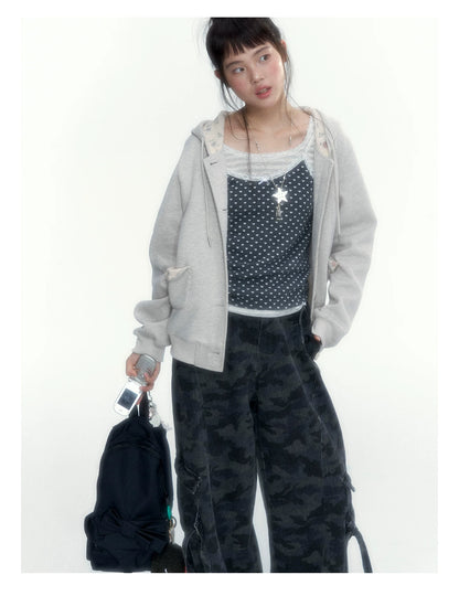 “Heart Dot” Charcoal Polka Dot Lace Trim Fitted Knit Cami