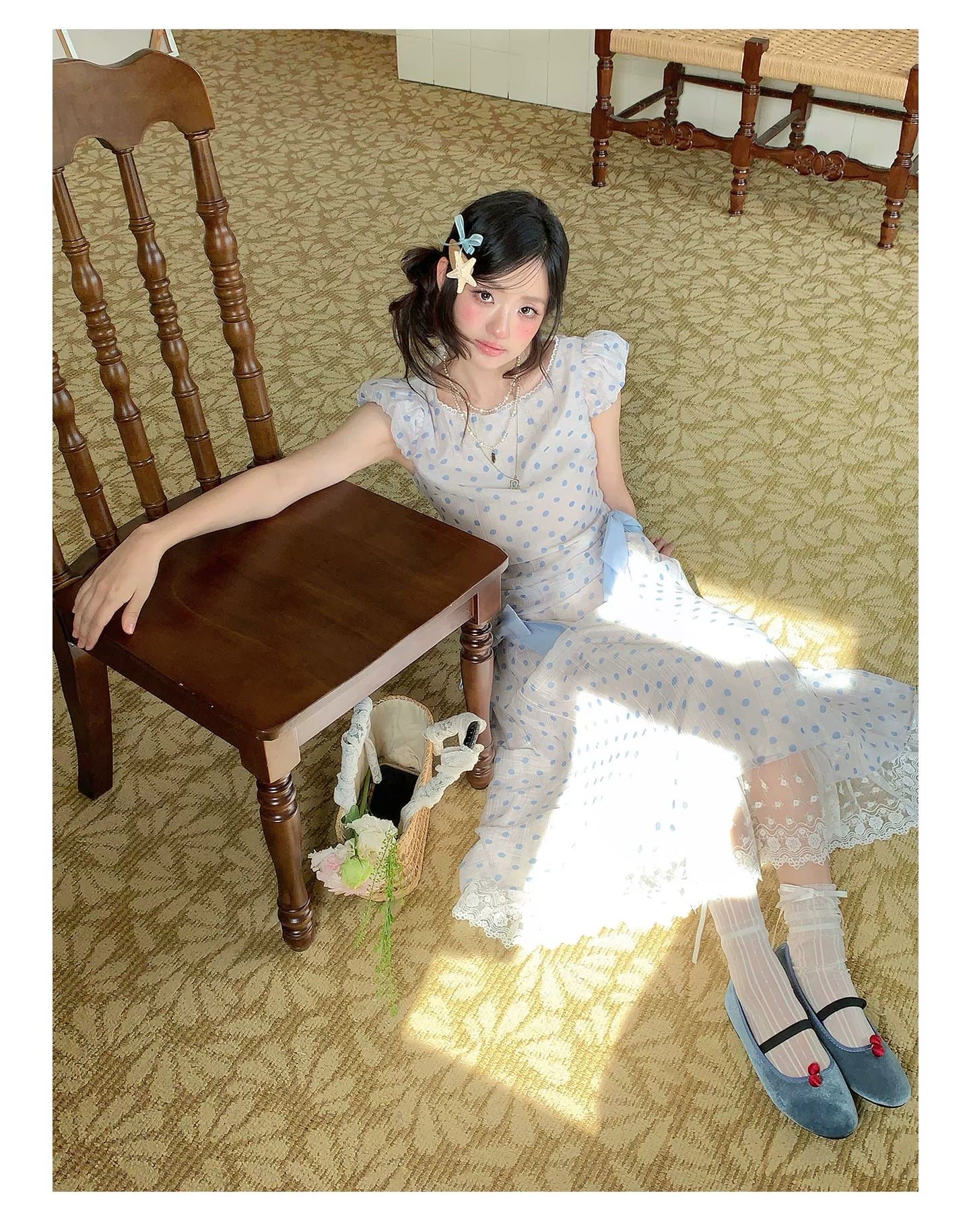 “Blue Mist Polka Reverie” Mist Blue Bow Lace Dress