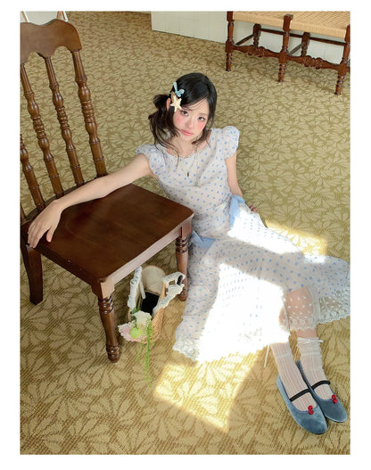 “Blue Mist Polka Reverie” Mist Blue Bow Lace Dress