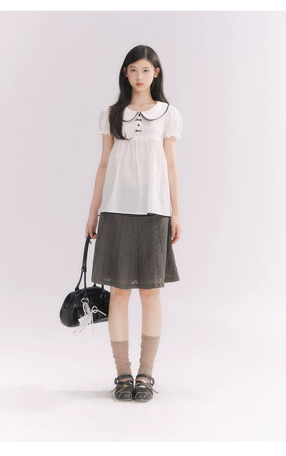 “Misty Texture” Gray Plaid Trim Embroidered A-Line Skirt