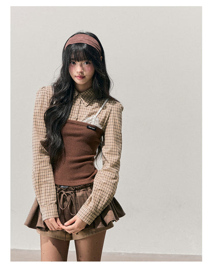 少也眼 "Falling Leaves Trace" Faux Layered Lace Plaid Knit Top