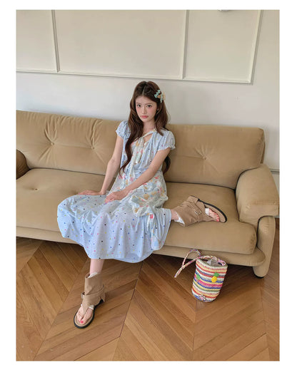 “Sea Salt Blossom Letter” Baby Blue Layered Skirt Set