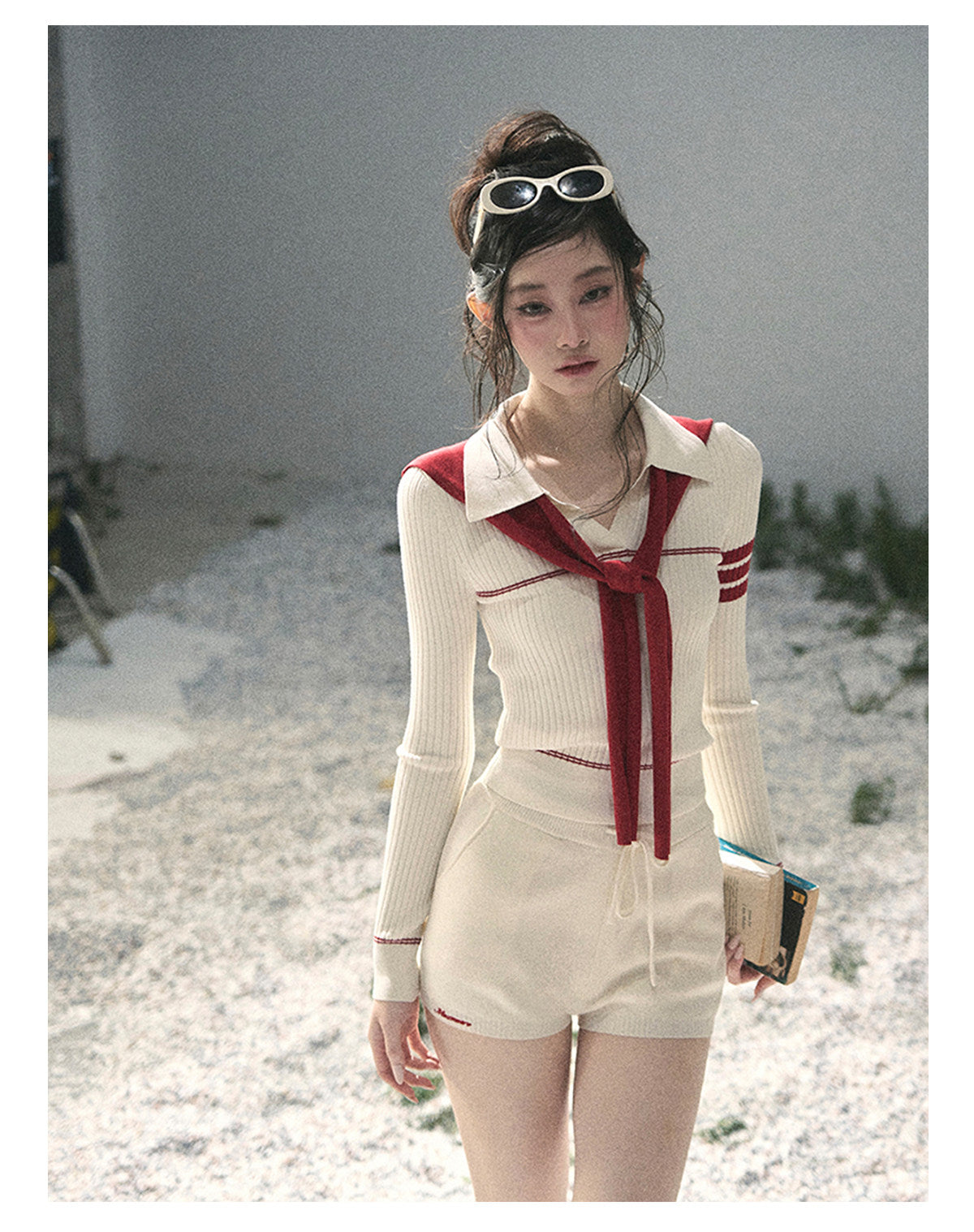 “Delhi Academy” Ivory Polo Knit Set with Angora Red Scarf
