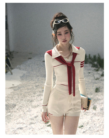 “Delhi Academy” Ivory Polo Knit Set with Angora Red Scarf