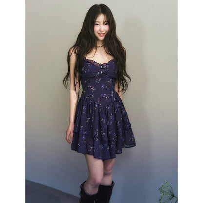 1P - Deep Purple Floral Chiffon Tiered Mini Dress