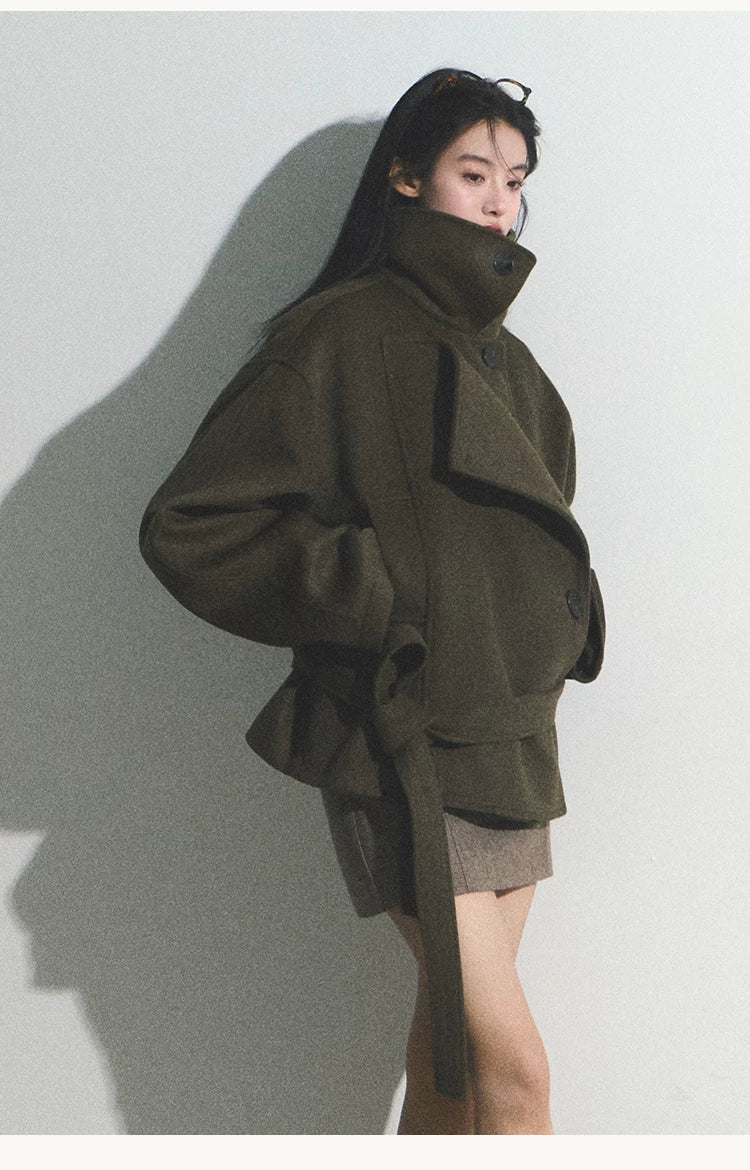 OAKMOO/ "The Flowers Are in Full Bloom" Jade Green Wool-Blend Short Belted Coat