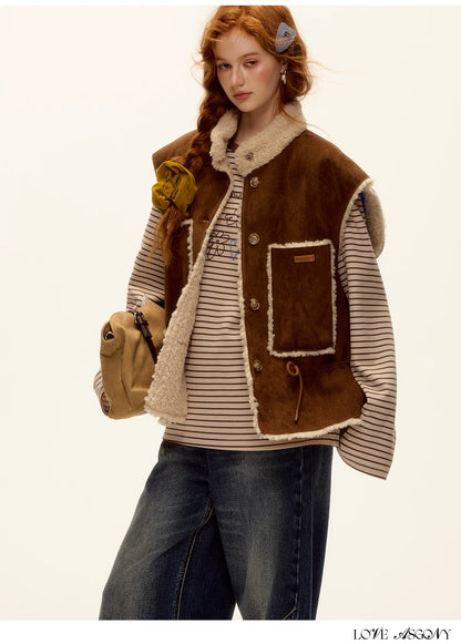 ASGONY - Brown Reversible Suede Faux Shearling Drawstring Vest
