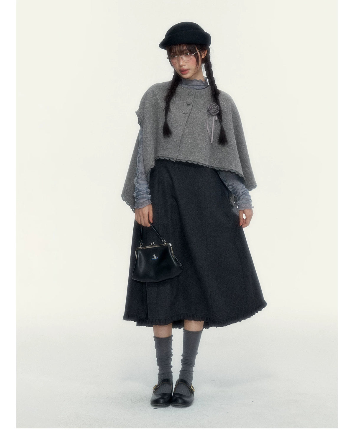 Vintage Double-Breasted Wool Dress & Knit Fringe Cape Set