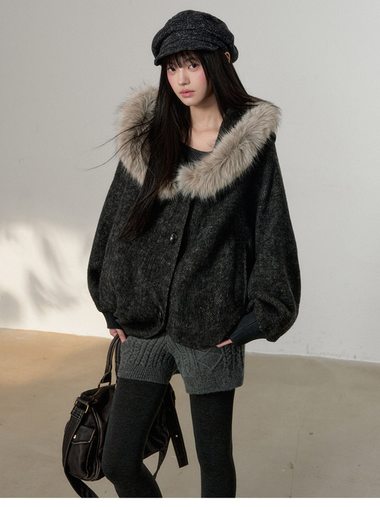 Soote Season - Dark Gray Wool Batwing Cape Coat with Faux-Fur Collar