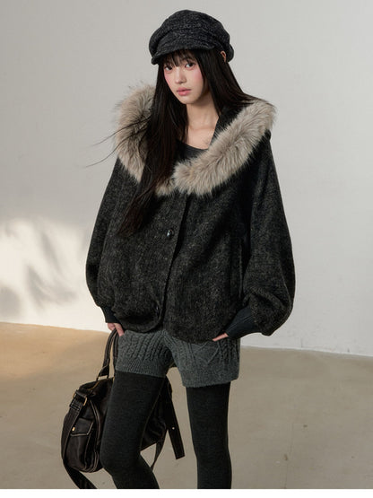 Soote Season - Dark Gray Wool Batwing Cape Coat with Faux-Fur Collar